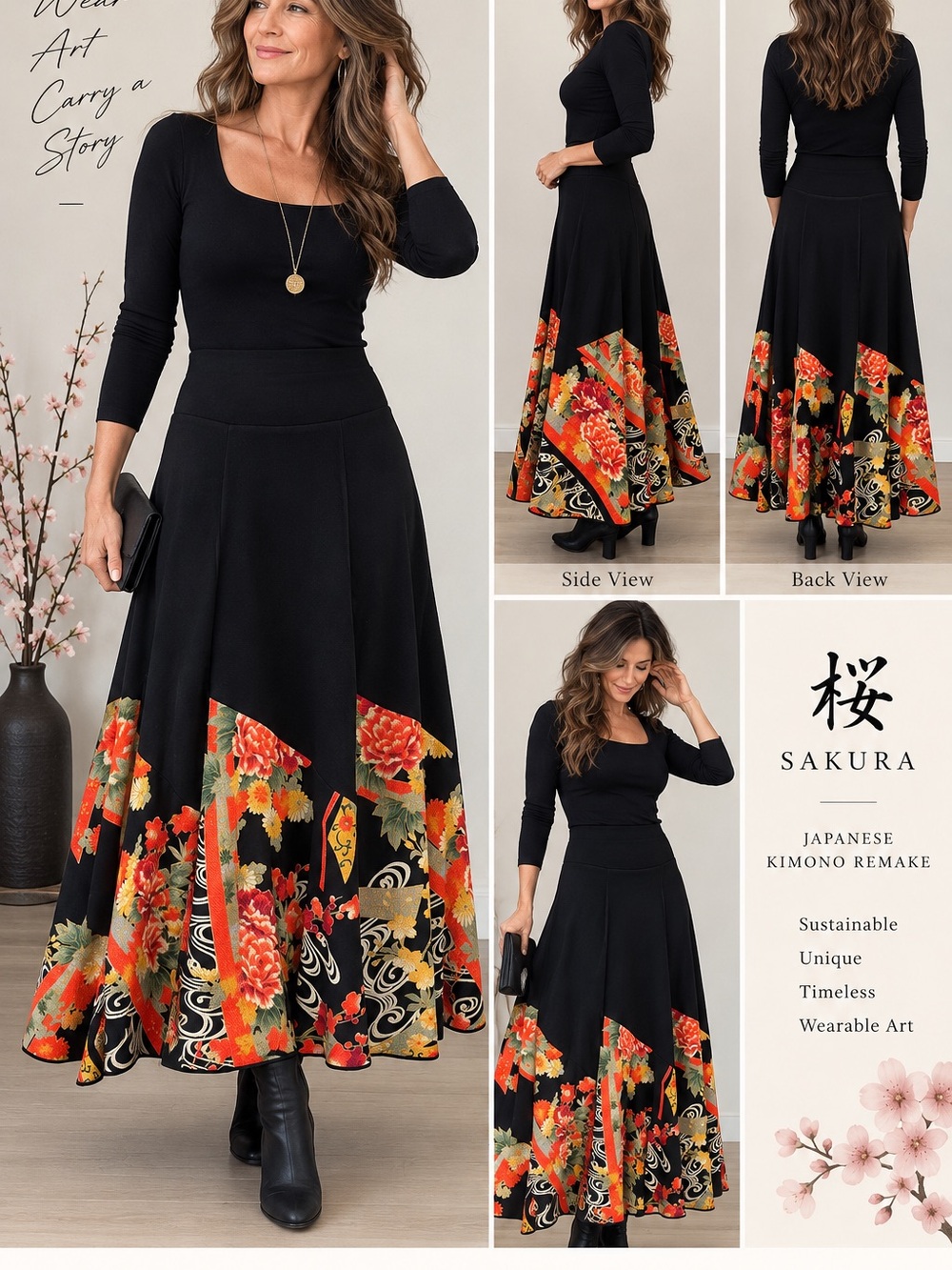 SAKURA Japanese Kimono Upcycled Floral Art to Wear Maxi Skirt One of a Kind